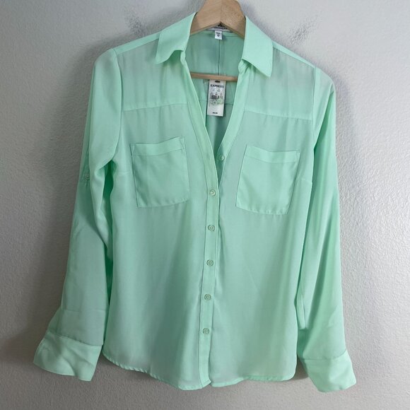 NEW Express Portofino Shirt XS Mint Green Button Up Blouse Roll Tab Sleeve Top - Picture 1 of 8